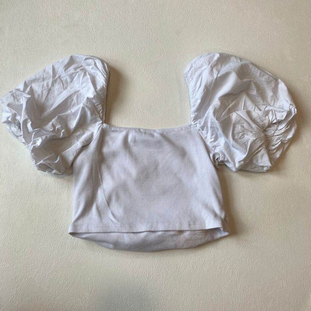 Zara White Puff Sleeve Crop Top Size L Ribbed Cottagecore - Picture 3 of 7